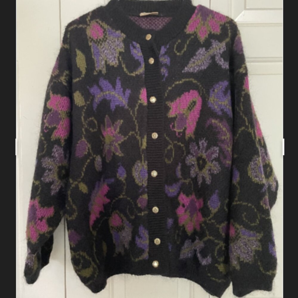 British Home Stores (BHS) Vintage Black and Purple Floral Sweater Cardigan